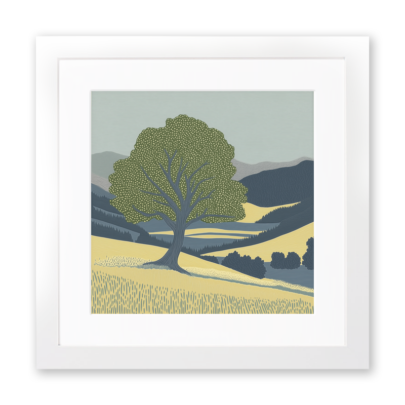 Ancient Oak tree in a valley Linoprint-Style Art (2356-1)