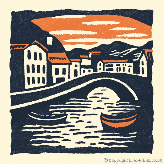 Amsterdam canal at twilight Linoprint-Style Art (2-3)