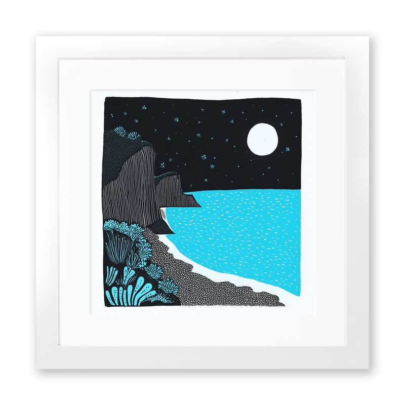 Beer Beach, Devon Linoprint-Style Art (787-1)