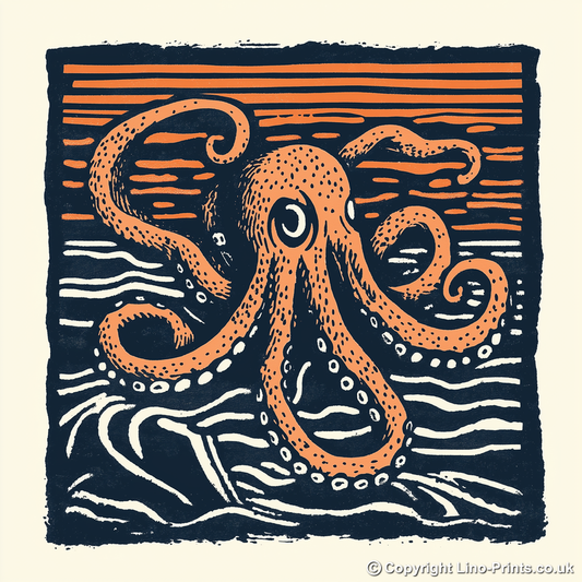 Octopus with swirling tentacles Linoprint-Style Art (103-1)