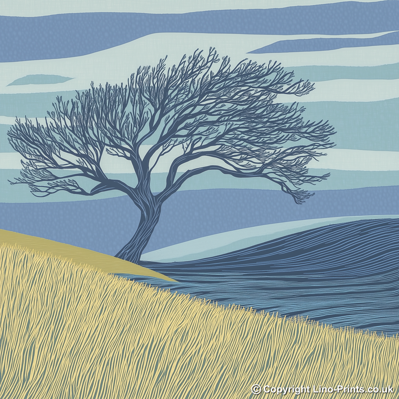 Lone windswept Hawthorn tree Linoprint-Style Art (2479-1)
