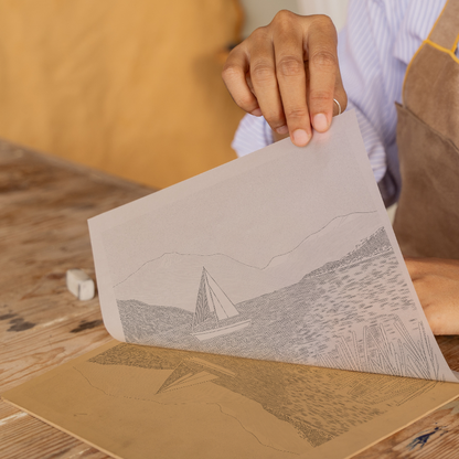 Sailboat with fells behind Linoprint-Style Art (2527-1)