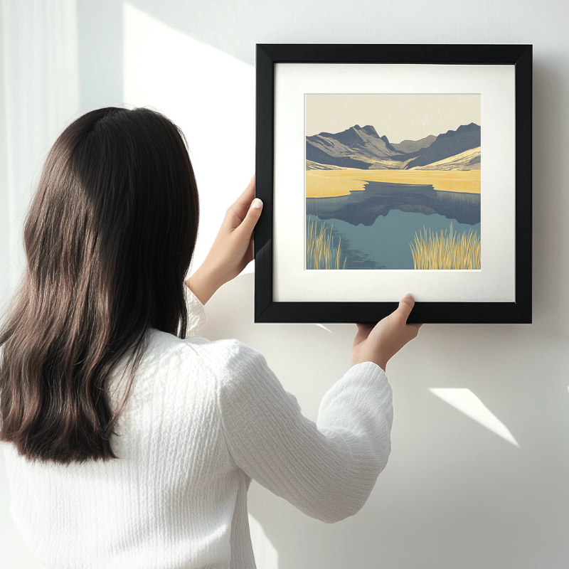 Blea Tarn reflections of Langdales Linoprint-Style Art (2362-2)