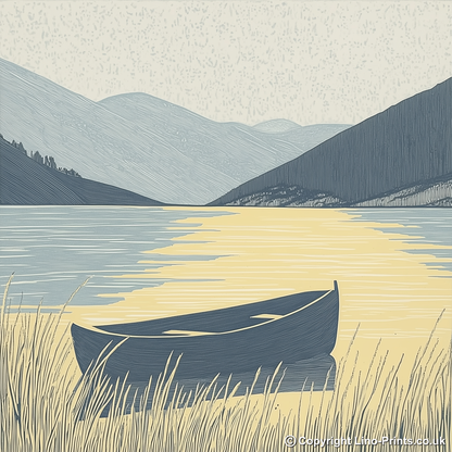 Rowing boat silhouette on calm lake Linoprint-Style Art (2523-1)