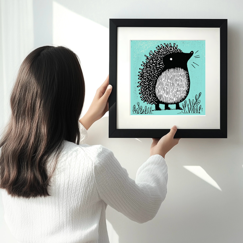 Cute Hedgehog Linoprint-Style Art (626-1)