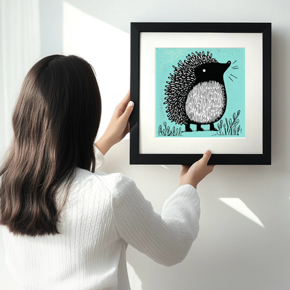 Cute Hedgehog Linoprint-Style Art (626-1)