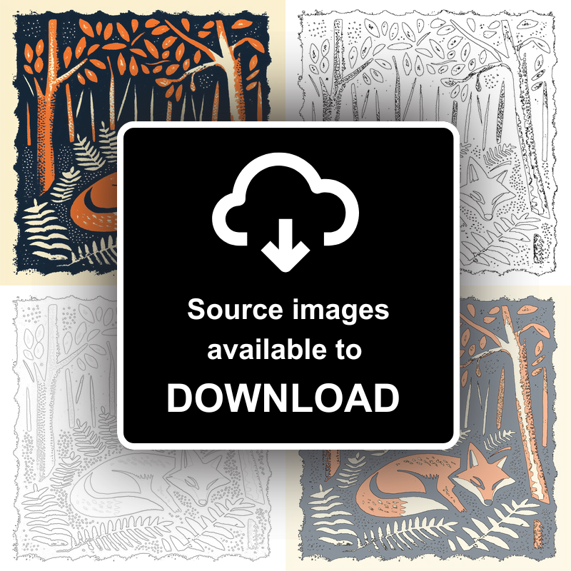 Ferns with resting fox Linoprint-Style Art (90-2)