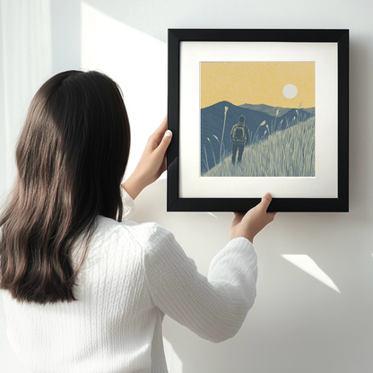 Hiker silhouette watching sunset over fells Linoprint-Style Art (2455-3)