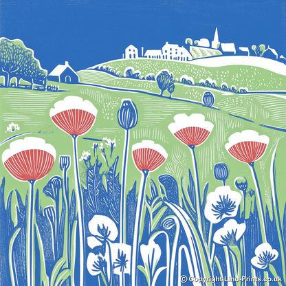 Field of poppies near Snettisham Linoprint-Style Art (1784-3)