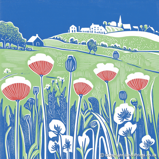 Field of poppies near Snettisham Linoprint-Style Art (1784-3)