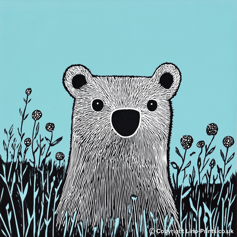 Cute Bear Cub Linoprint-Style Art (611-3)