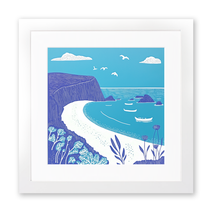 Beer Beach, Devon Linoprint-Style Art (1078-2)