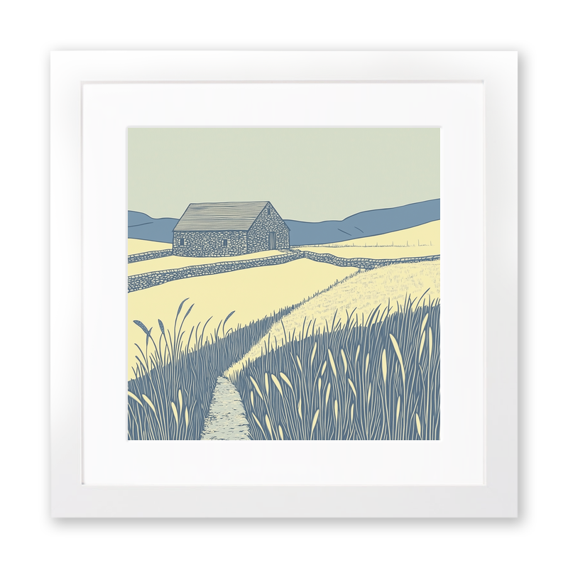 Isolated stone barn in field Linoprint-Style Art (2462-1)