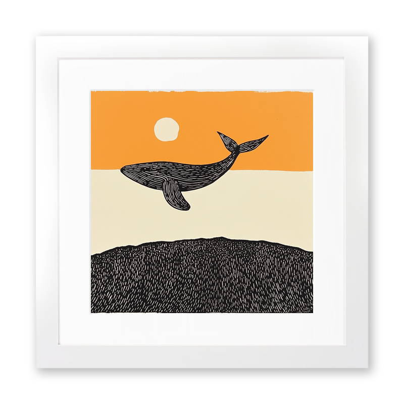 Whale breaching the surface Linoprint-Style Art (278-2)