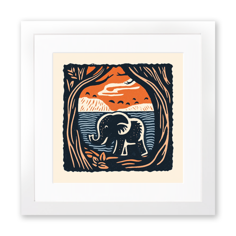 Cute Elephant Calf Linoprint-Style Art (54-1)