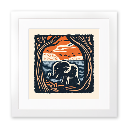 Cute Elephant Calf Linoprint-Style Art (54-1)