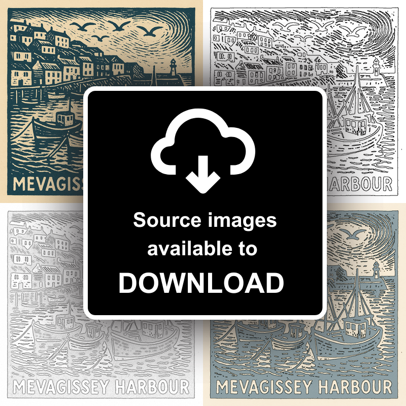 Mevagissey Harbour Linoprint-Style Art (c3)