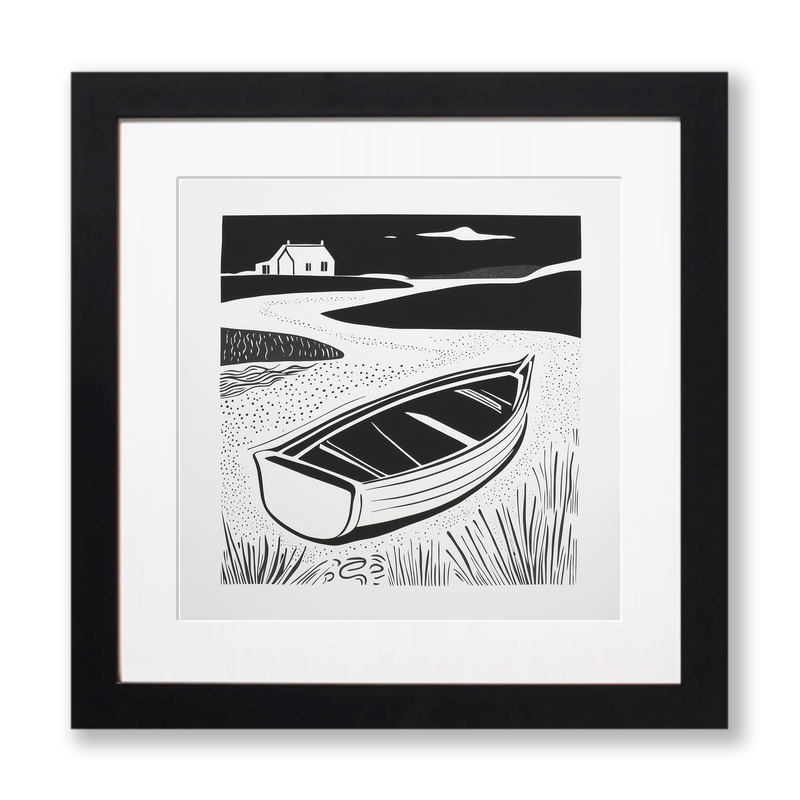 Beached dinghy in the mud Linoprint-Style Art (1859-1)
