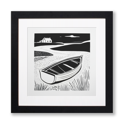 Beached dinghy in the mud Linoprint-Style Art (1859-1)