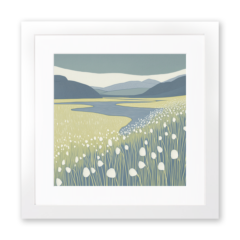 Cotton grass bog Linoprint-Style Art (2394-1)