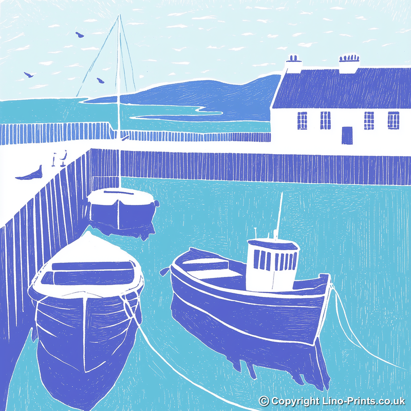 Seahouses Harbour, Northumberland Linoprint-Style Art (1107-2)