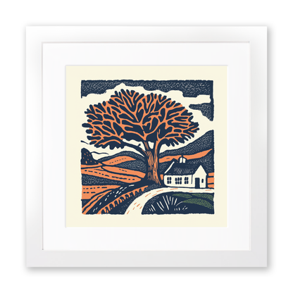 Oak tree with squirrel Linoprint-Style Art (102-2)