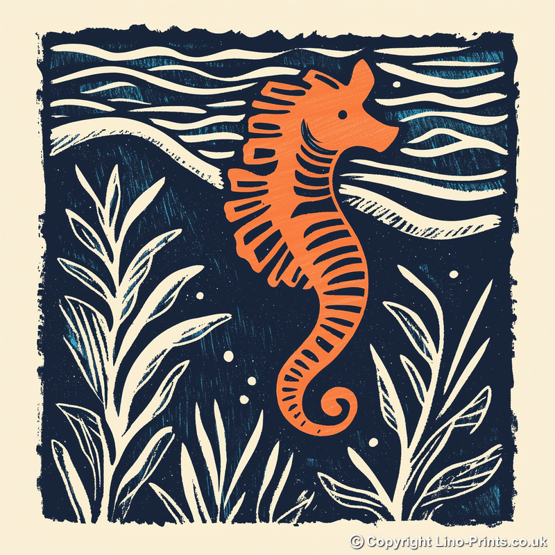 Seahorse in seaweed Linoprint-Style Art (109-2)