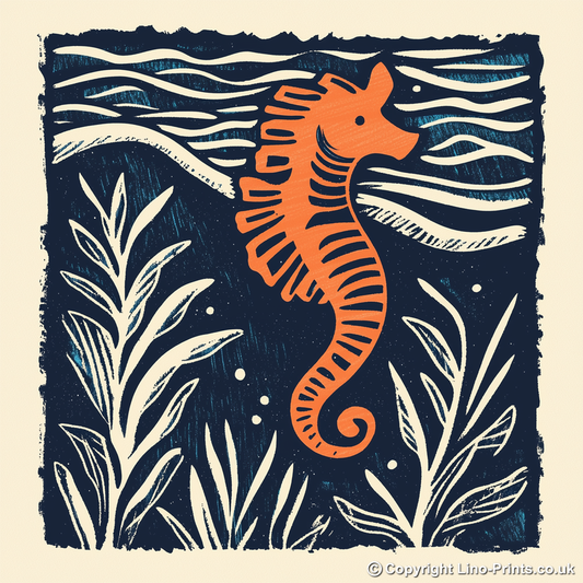 Seahorse in seaweed Linoprint-Style Art (109-2)