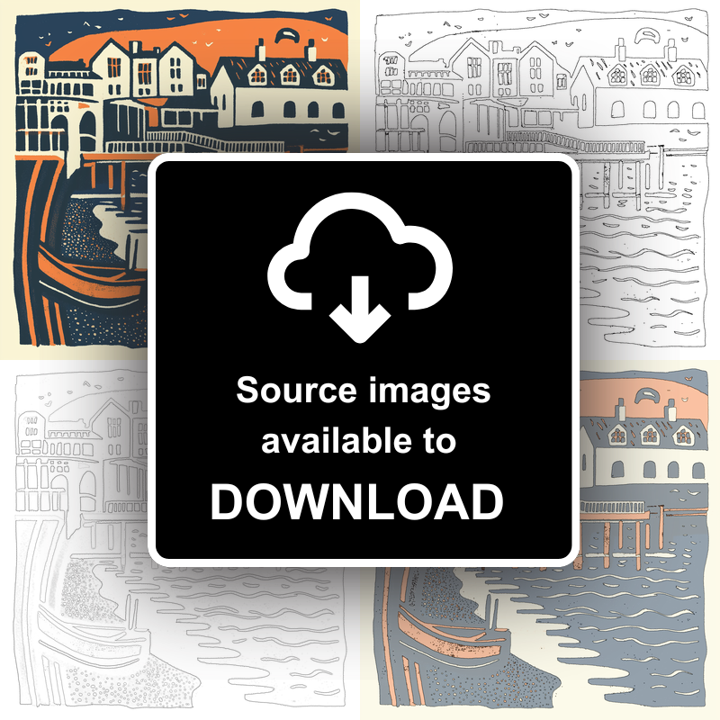 Brighton Beach and Pier Linoprint-Style Art (126-1)