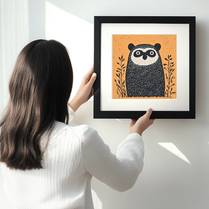 Cute Baby Badger Linoprint-Style Art (205-3)