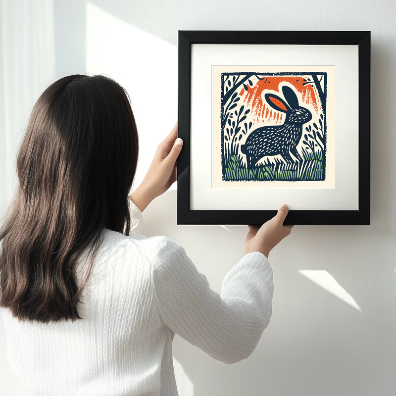 Cute Bunny Linoprint-Style Art (47-3)