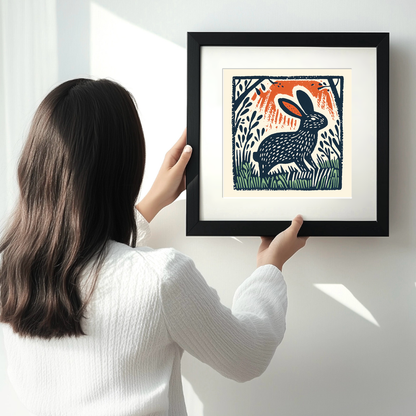 Cute Bunny Linoprint-Style Art (47-3)