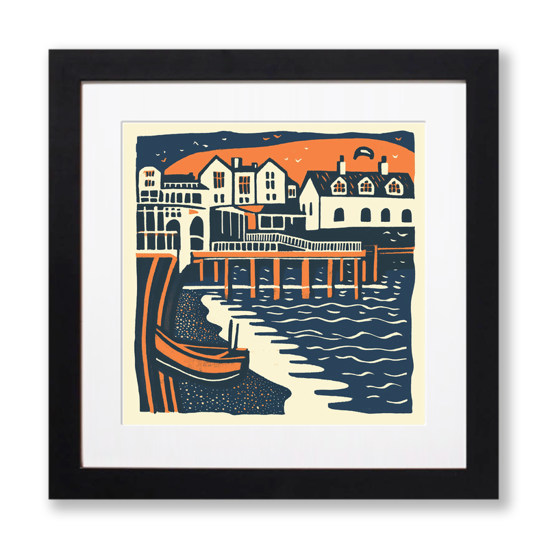 Brighton Beach and Pier Linoprint-Style Art (126-1)