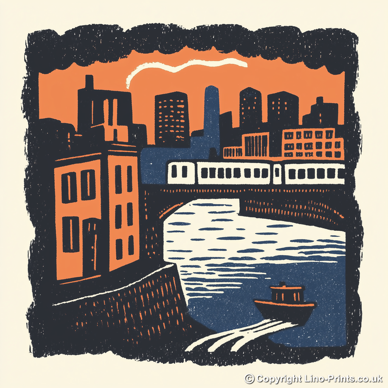 Chicago elevated train tracks Linoprint-Style Art (7-1)
