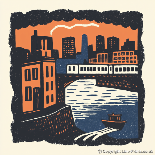 Chicago elevated train tracks Linoprint-Style Art (7-1)