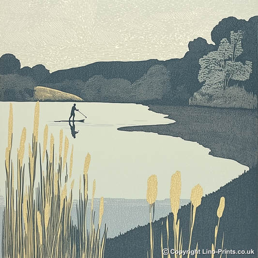 Paddleboarder on calm lake Linoprint-Style Art (2497-1)