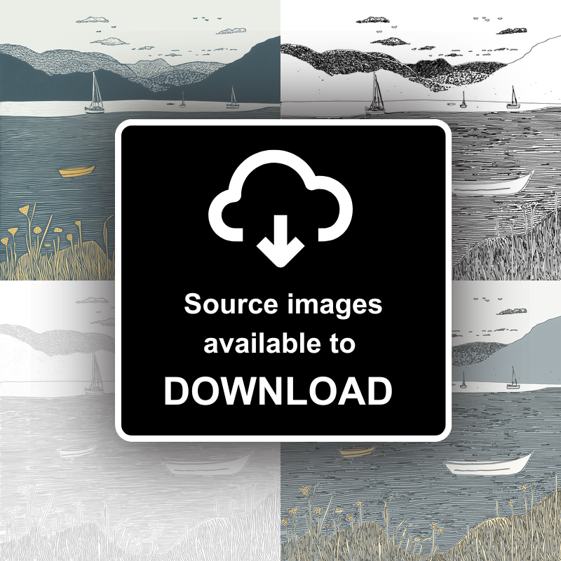 Windermere lake shore with boats Linoprint-Style Art (2604-3)
