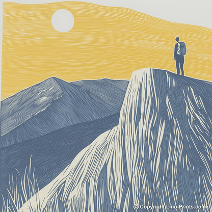 Hiker silhouette on a fell ridge Linoprint-Style Art (2454-1)