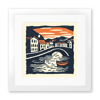 Amsterdam canal at twilight Linoprint-Style Art (2-6)