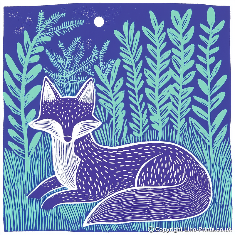 Ferns with resting fox Linoprint-Style Art (1004-1)