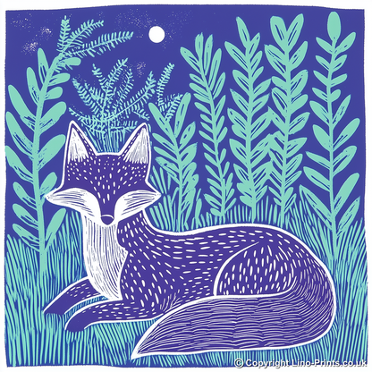 Ferns with resting fox Linoprint-Style Art (1004-1)