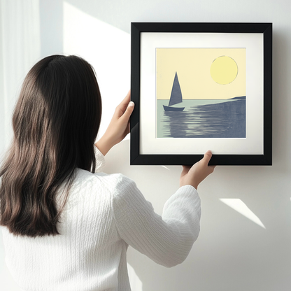 Sailing boat silhouette on the water Linoprint-Style Art (2528-3)