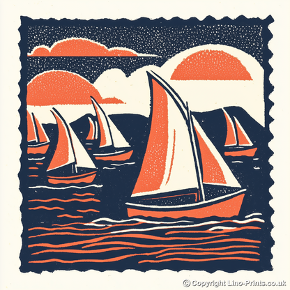 Flotilla of sails on Hickling Broad Linoprint-Style Art (1988-1)