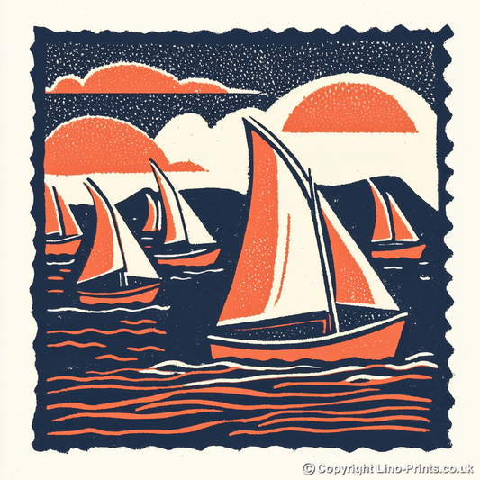 Flotilla of sails on Hickling Broad Linoprint-Style Art (1988-1)