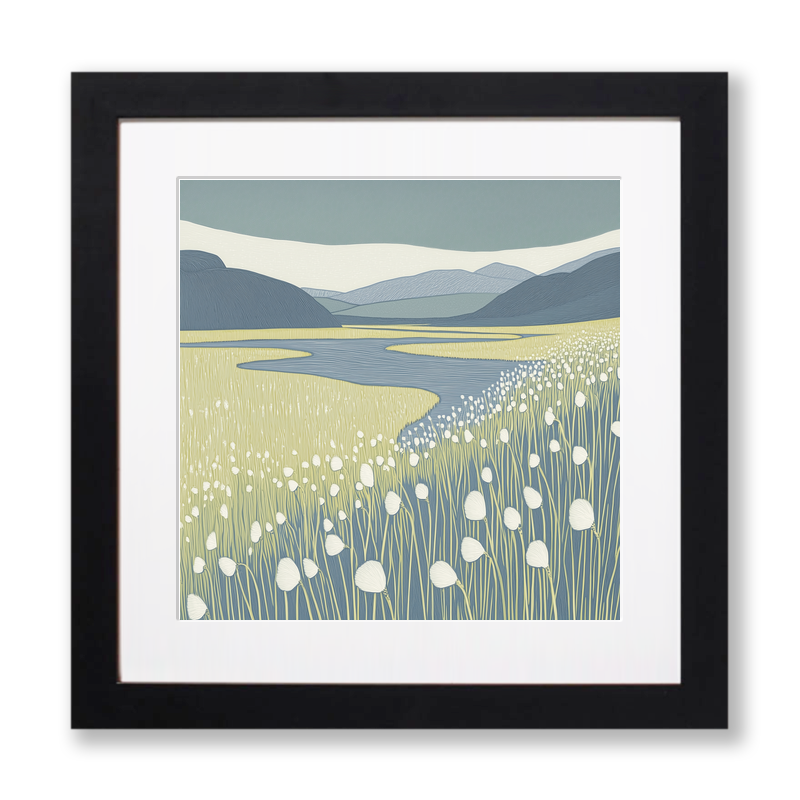 Cotton grass bog Linoprint-Style Art (2394-1)