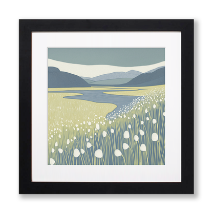 Cotton grass bog Linoprint-Style Art (2394-1)