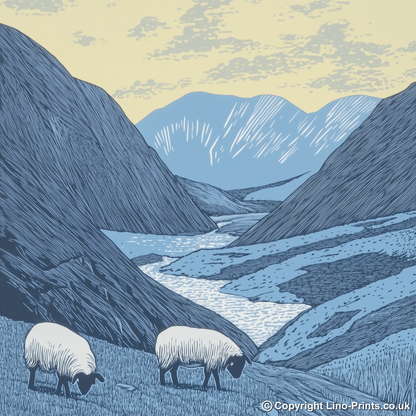 Sheep grazing below silhouetted crags Linoprint-Style Art (2541-2)