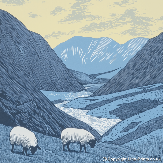 Sheep grazing below silhouetted crags Linoprint-Style Art (2541-4)