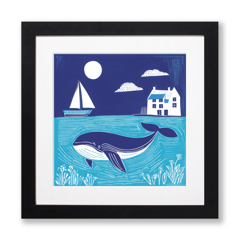 Whale Linoprint-Style Art (1072-1)