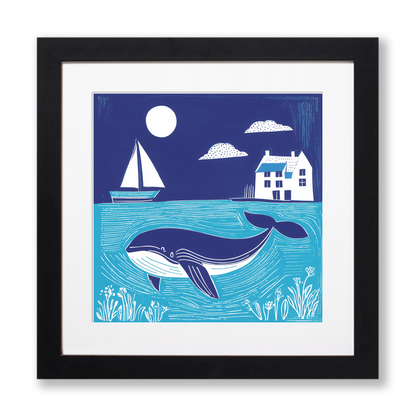 Whale Linoprint-Style Art (1072-1)